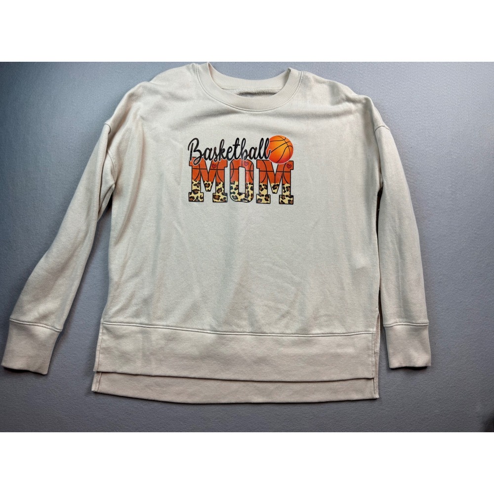 Time and Tru Womens Basketball Mom Sweatshirt Oatmeal Leopard Graphic M 8-10